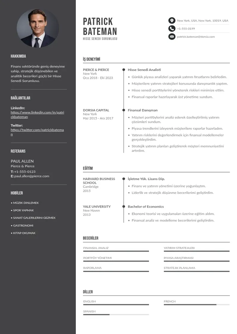 Divu kolonnu Hisse Senedi Sorumlusu  CV piemērs