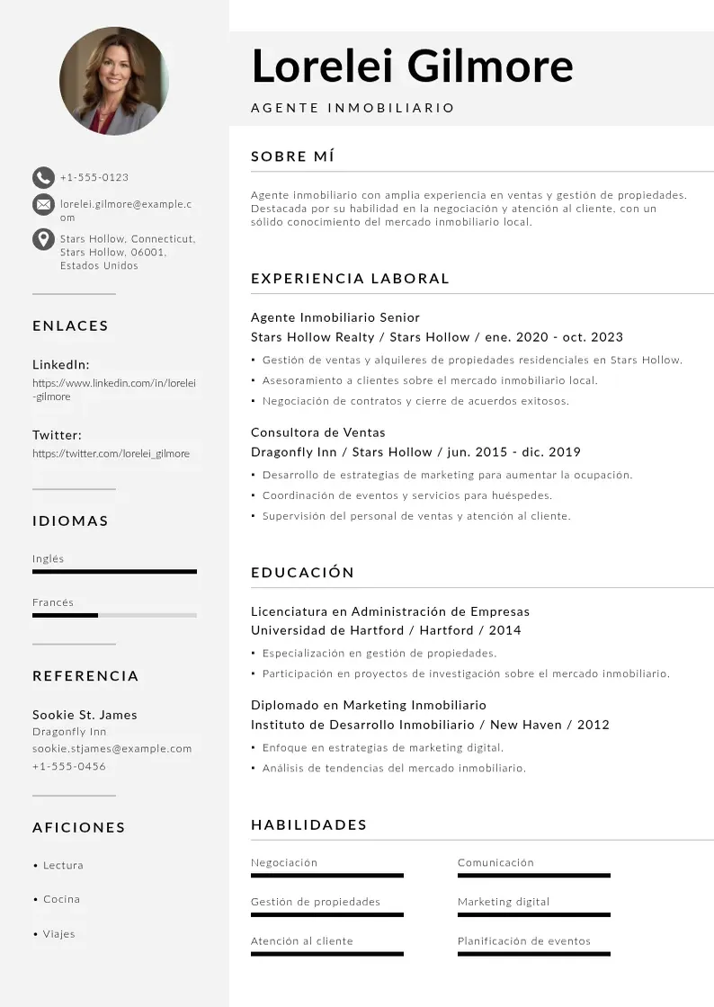 two column agente-inmobiliario resume example