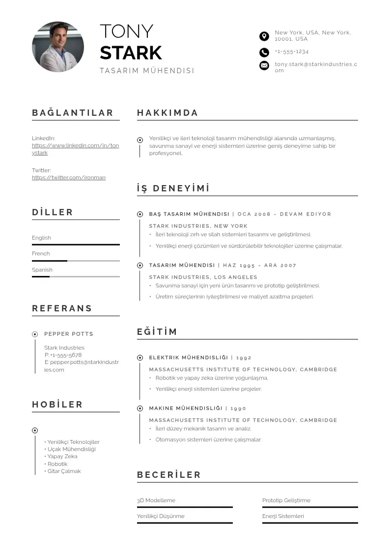 Profesionāla Tasarım mühendisi  CV veidne