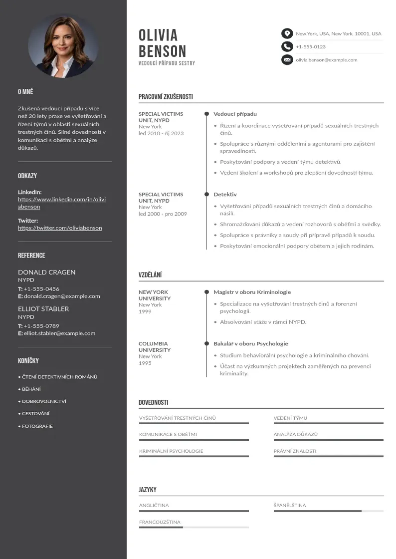 Divu kolonnu Vedoucí případu sestry  CV piemērs