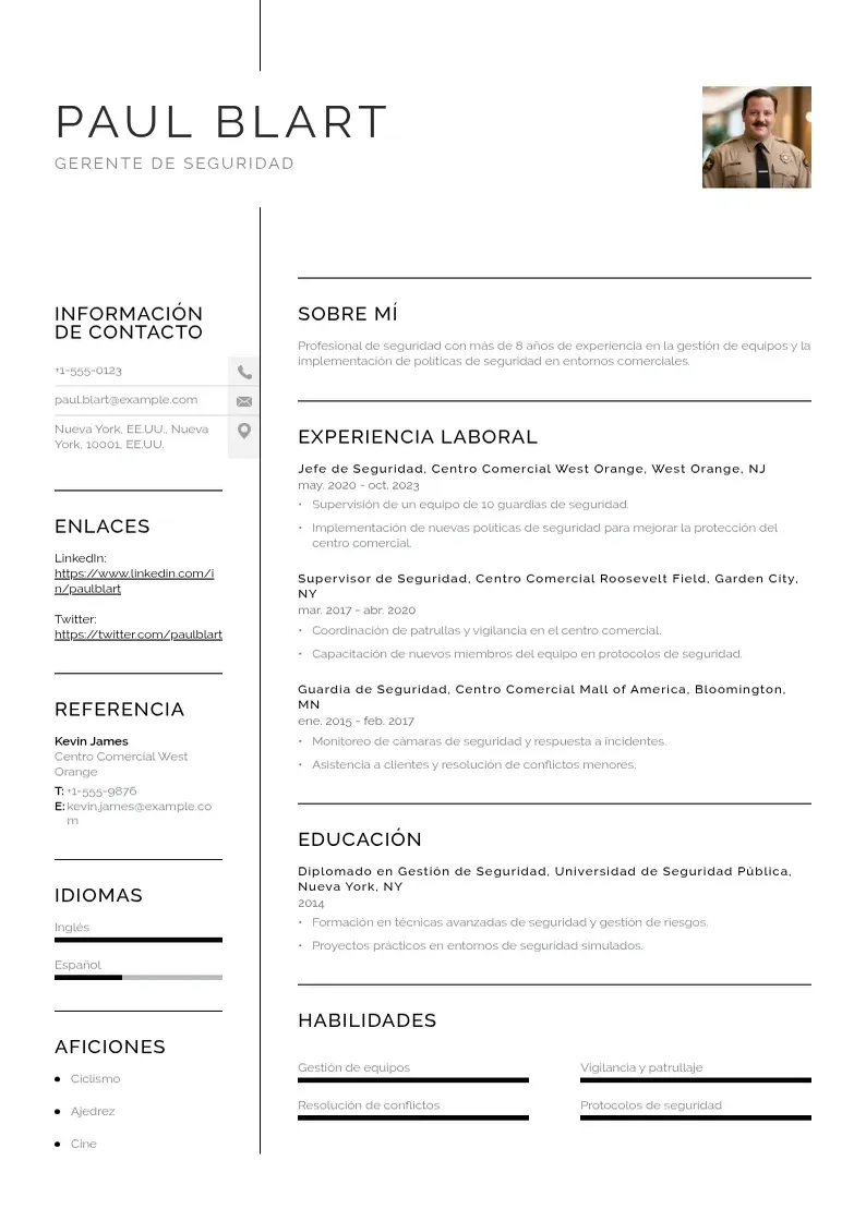 two column gerente-de-seguridad resume example