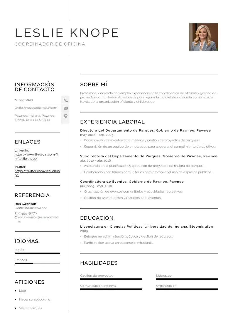 two column coordinador-de-oficina resume example