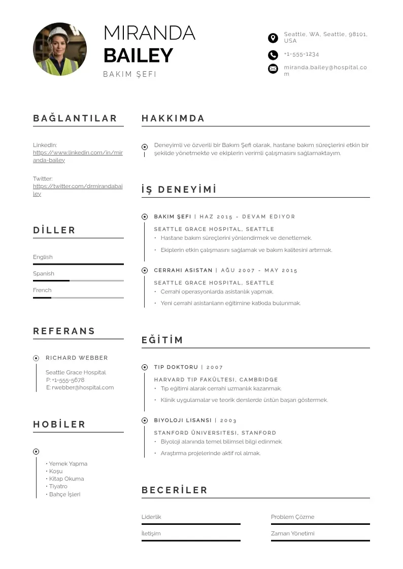 Profesionāla Bakım Şefi  CV veidne