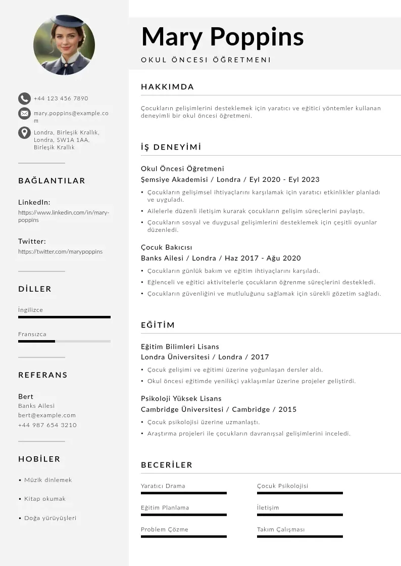 Mūsdienīga Okul öncesi öğretmeni  CV veidne