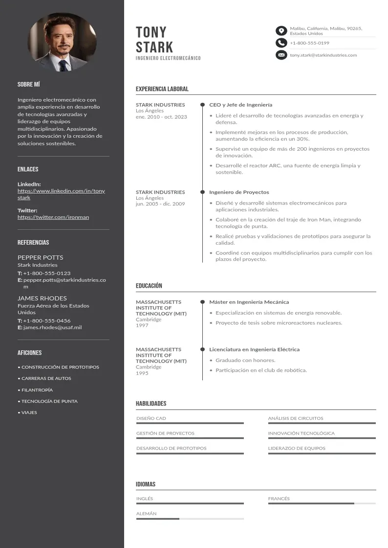 two column ingeniero-electromecanico resume example