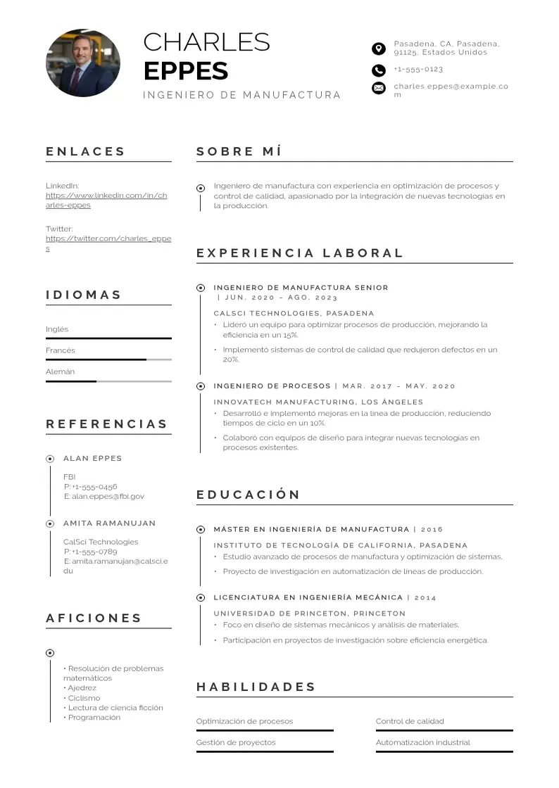 two column cv-ingeniero-de-manufactura resume example