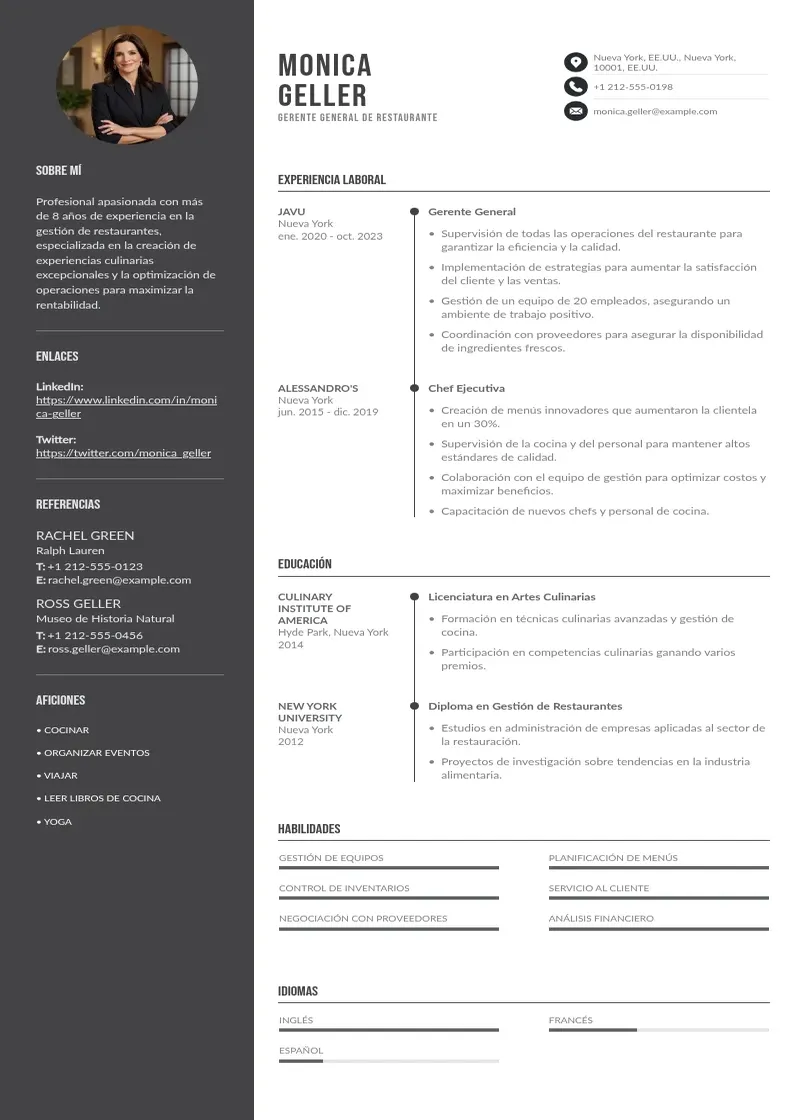 two column cv-gerente-general-de-restaurante resume example