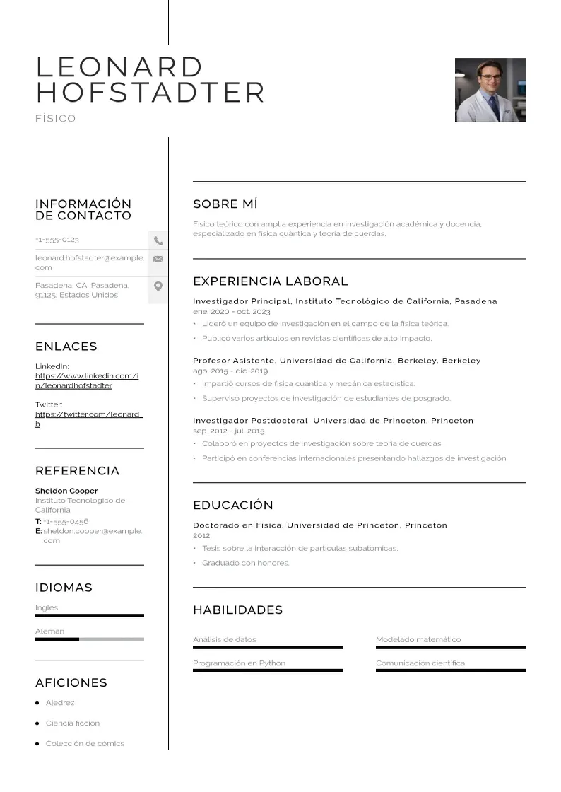 two column cv-de-fisico resume example