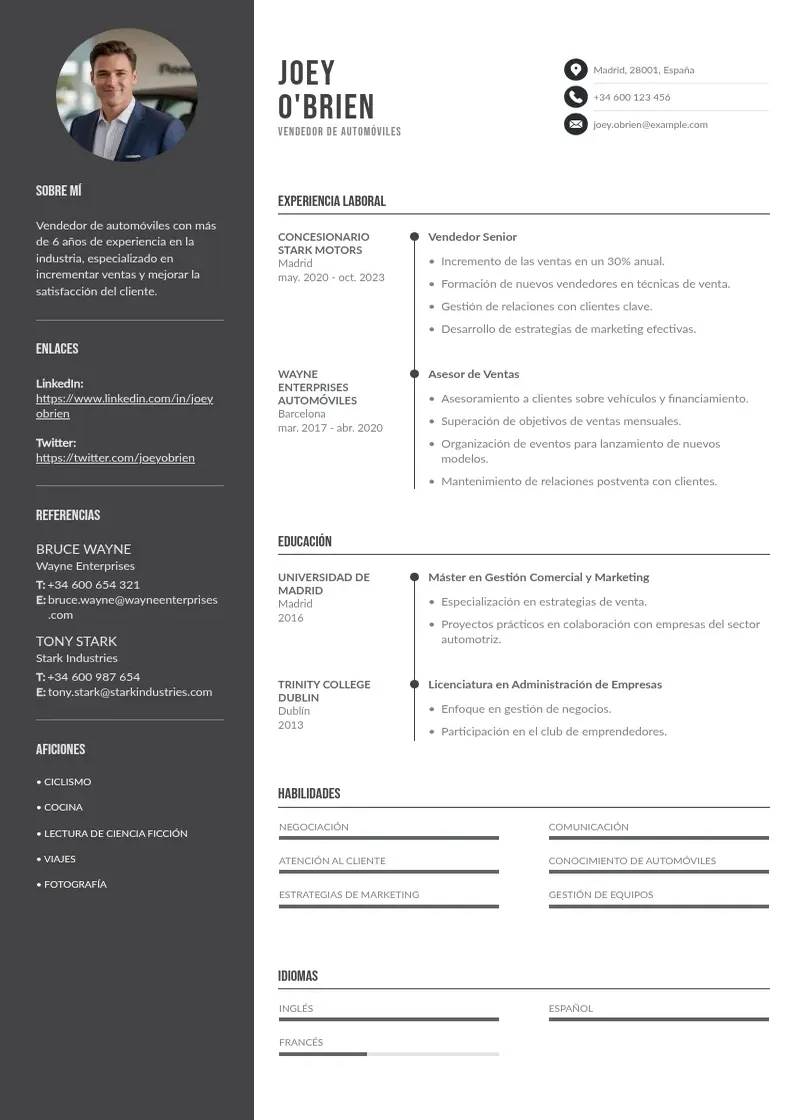 two column cv-vendedor-de-automoviles resume example