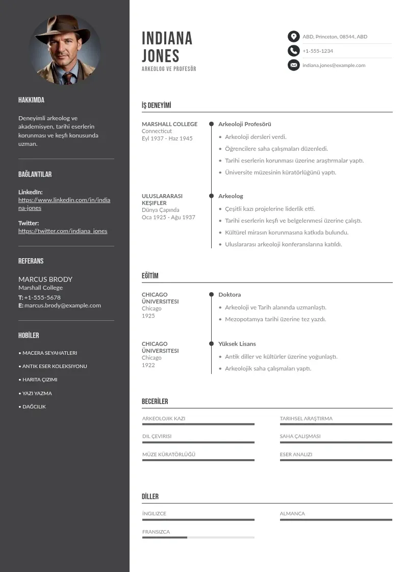 Divu kolonnu Almanca CV piemērs