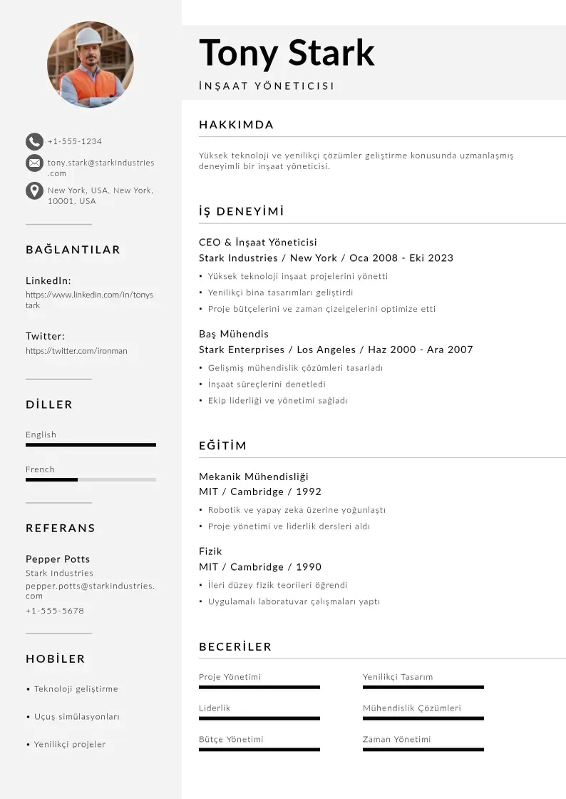 Mūsdienīga İnşaat yöneticisi  CV veidne
