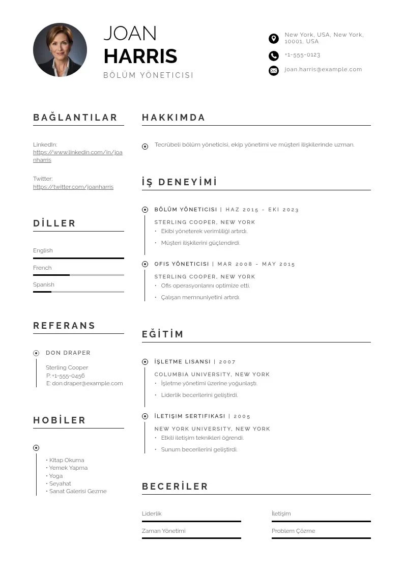 Profesionāla Bölüm yöneticisi  CV veidne