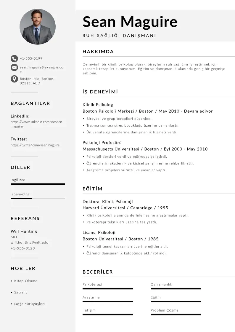 Mūsdienīga Ruh Sağlığı Danışmanı  CV veidne