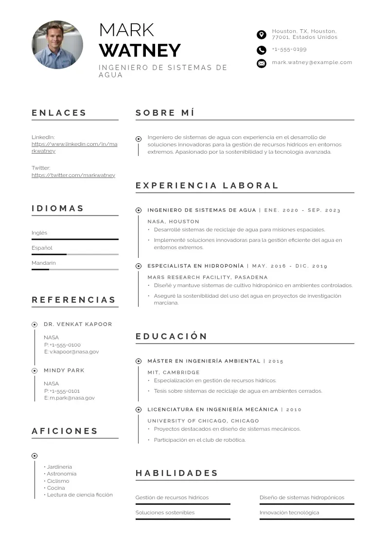 two column ingeniero-de-sistemas-de-agua resume example