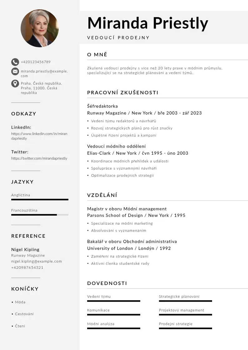 Mūsdienīga Zivotopis vedouciho prodejny CV veidne