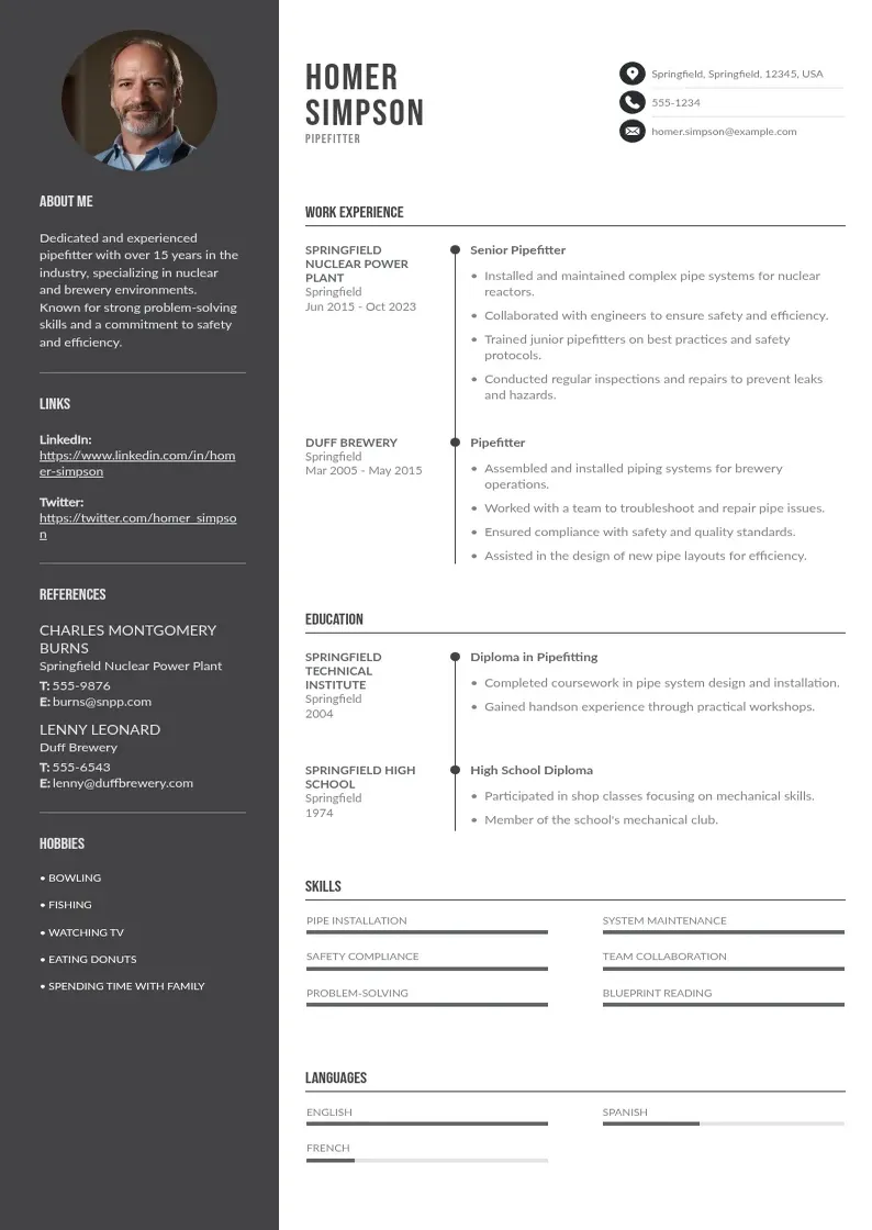 two column pipefitter-resume resume example