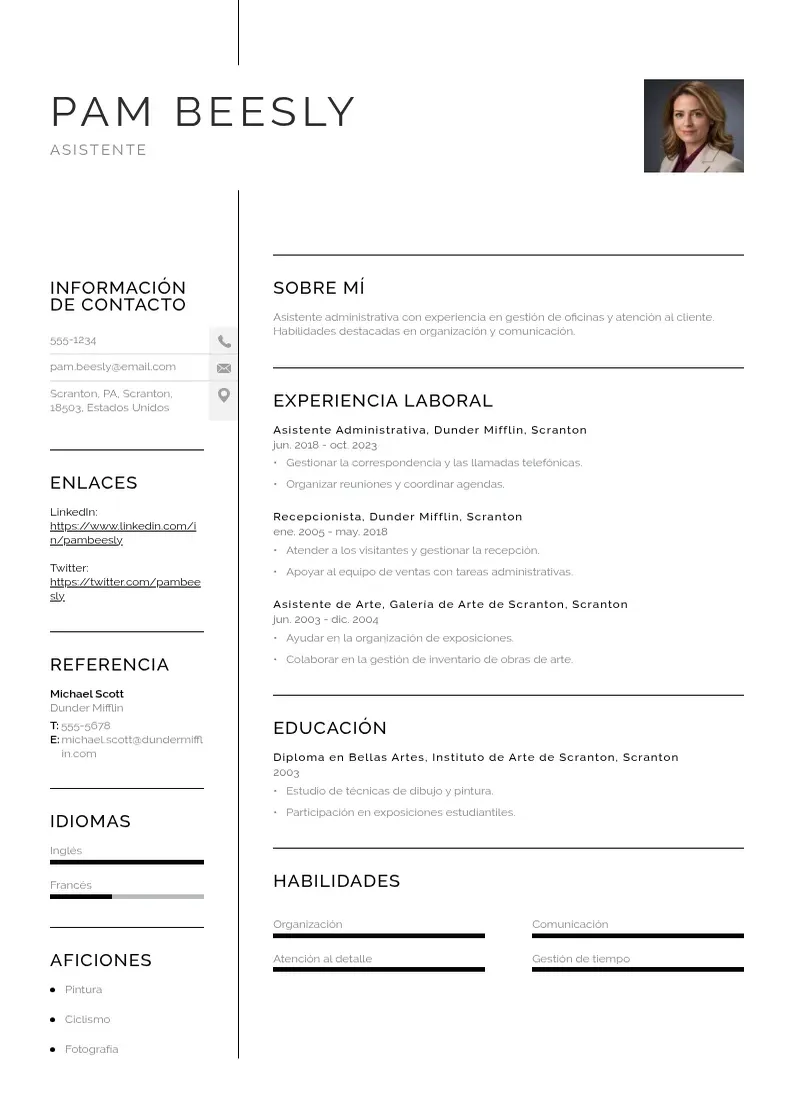 two column cv-asistente resume example