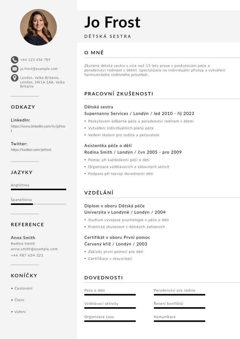 Mūsdienīga Dětská sestra  CV veidne