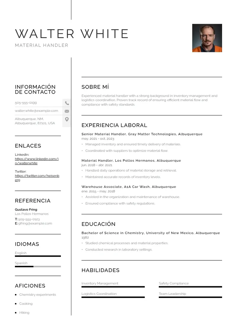 two column cv-manipulador-de-materiales resume example