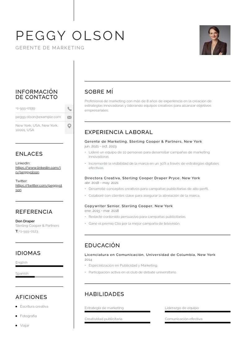 two column gerente-de-marketing resume example