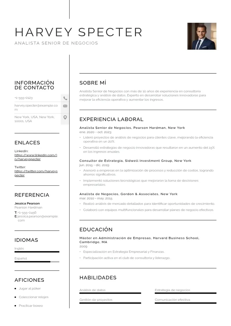 two column cv-analista-senior-de-negocios resume example