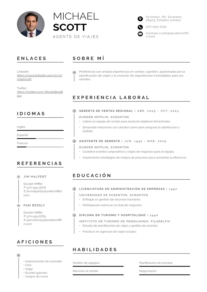 two column cv-agente-de-viajes resume example