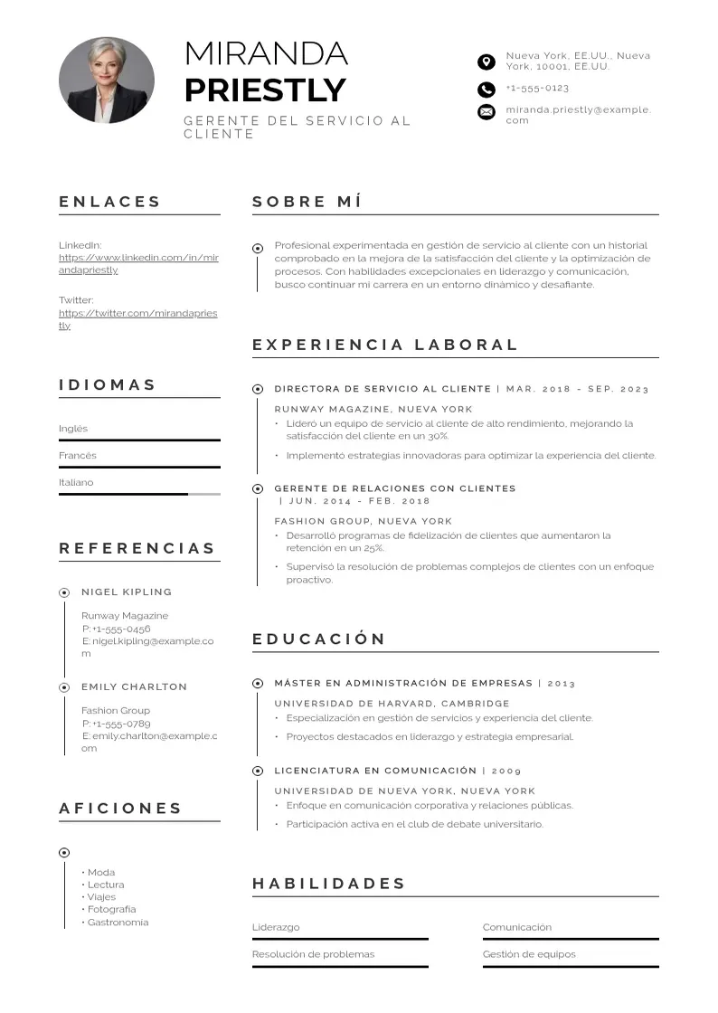 two column cv-gerente-del-servicio-al-cliente resume example