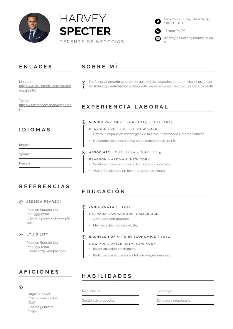 two column cv-gerente-de-negocios resume example