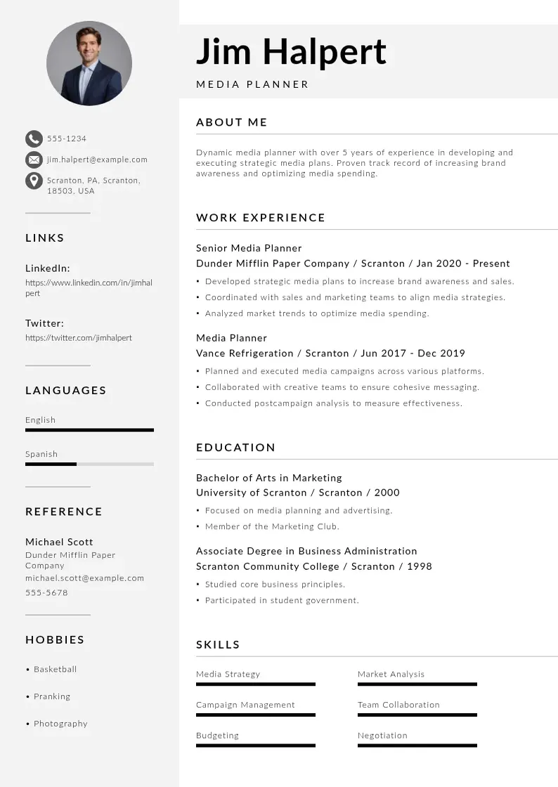modern Media planner resume resume template