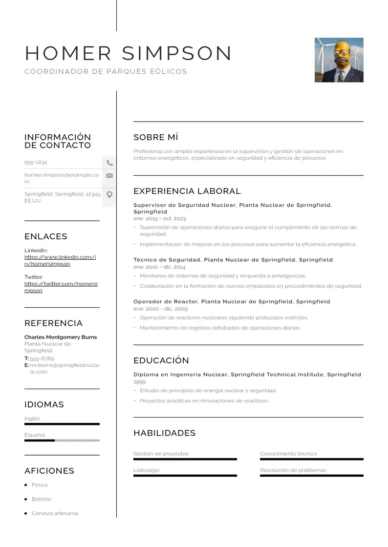 two column coordinador-de-parques-eolicos resume example