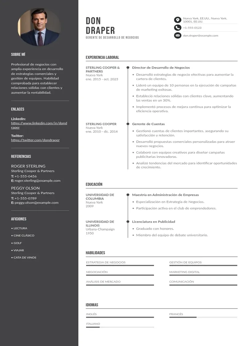 two column cv-gerente-de-desarrollo-de-negocios resume example