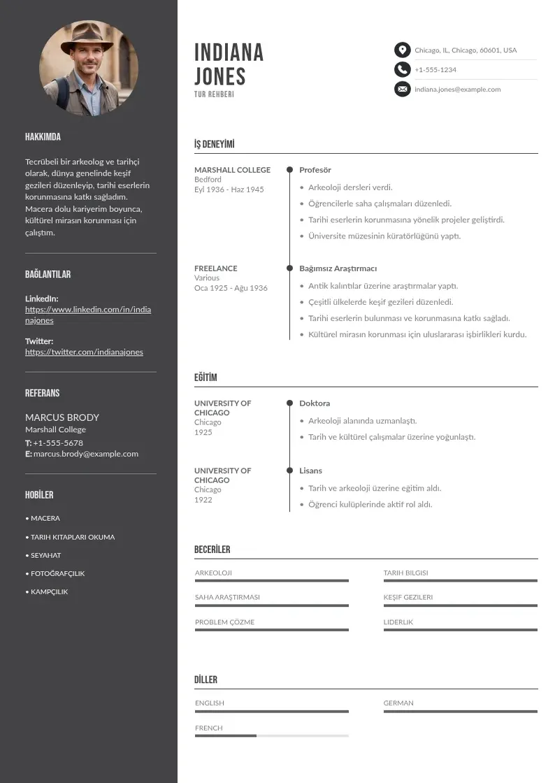 Divu kolonnu Tur rehberi  CV piemērs