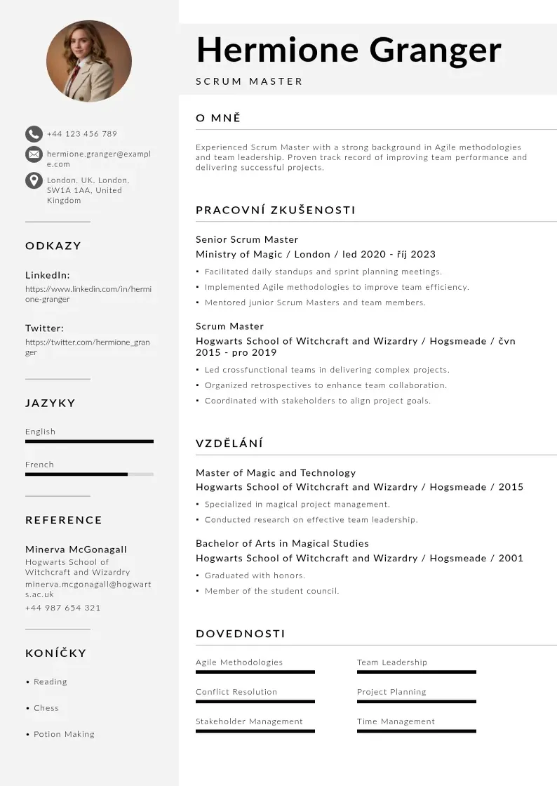 Mūsdienīga Scrum mastera zivotopis CV veidne