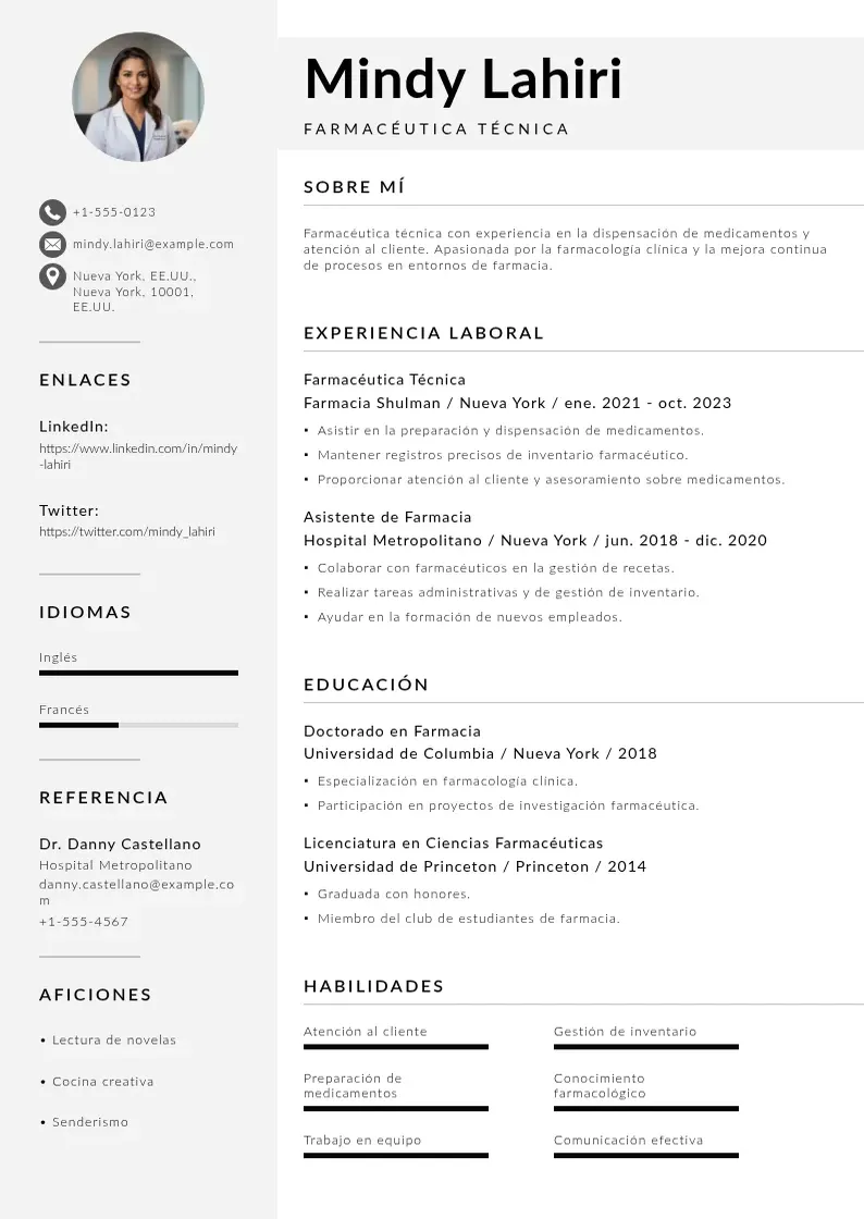 two column curriculum-vitae-tecnico-farmacia resume example