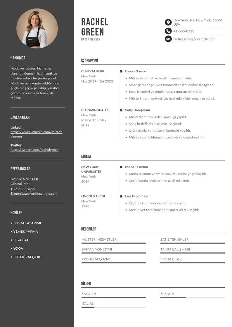 Divu kolonnu Bayan garson ozgecmis CV piemērs