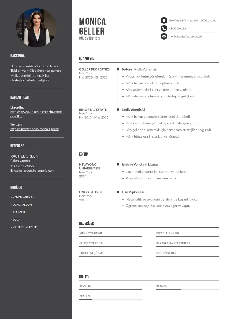 Divu kolonnu Mülk Yöneticisi  CV piemērs