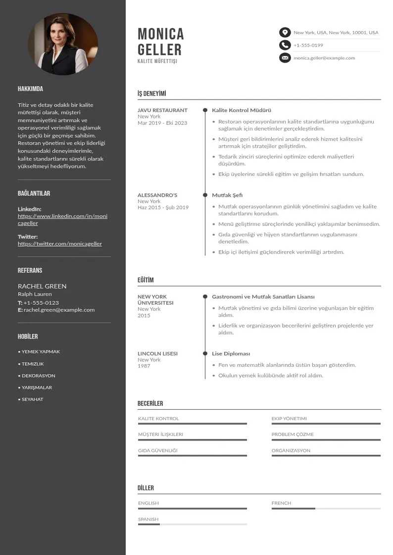 Divu kolonnu Kalite Müfettişi  CV piemērs