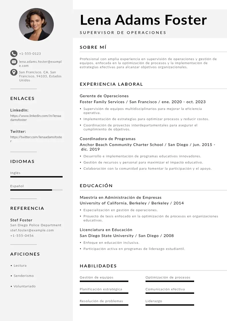 two column supervisor-de-operaciones resume example