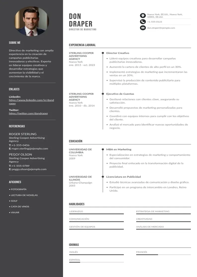 two column cv-de-directivo resume example