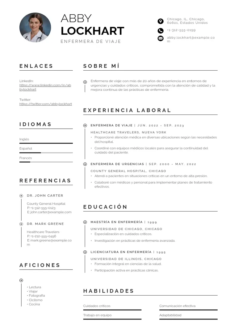 two column cv-enfermera-de-viaje resume example