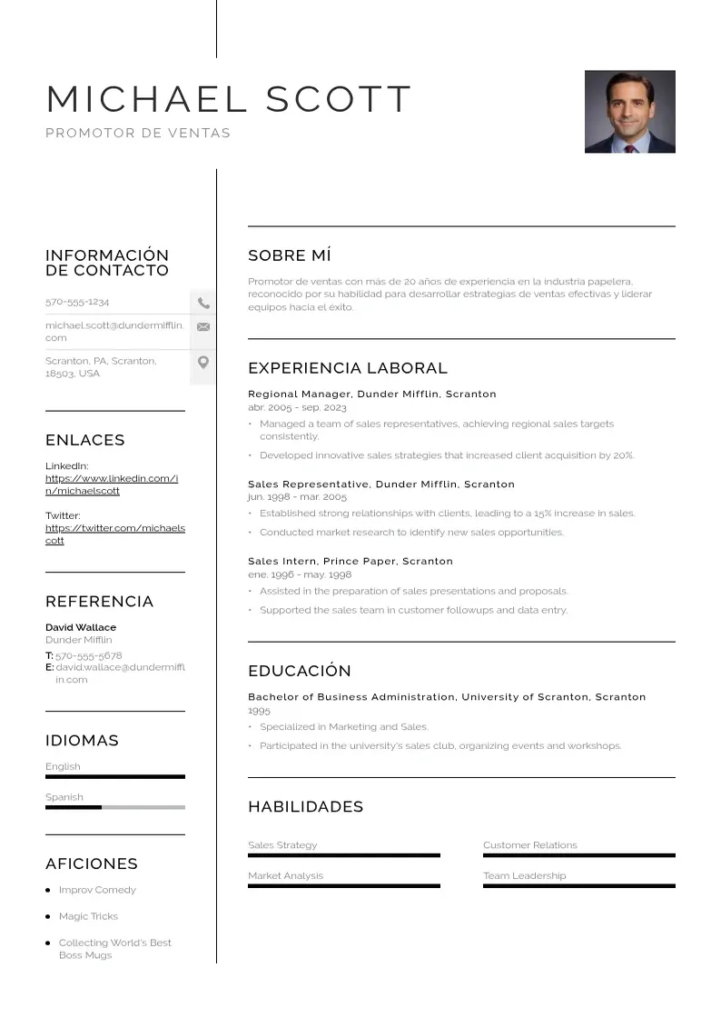 two column cv-promotor-de-ventas resume example