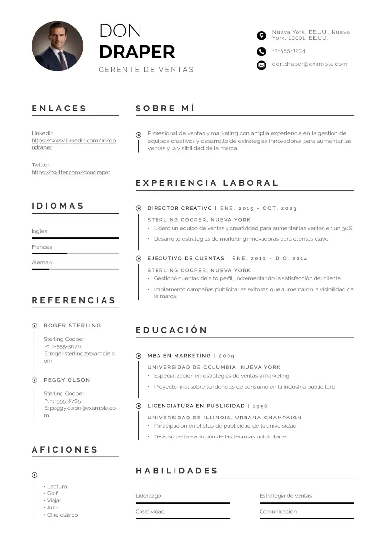 two column cv-gerente-de-ventas resume example