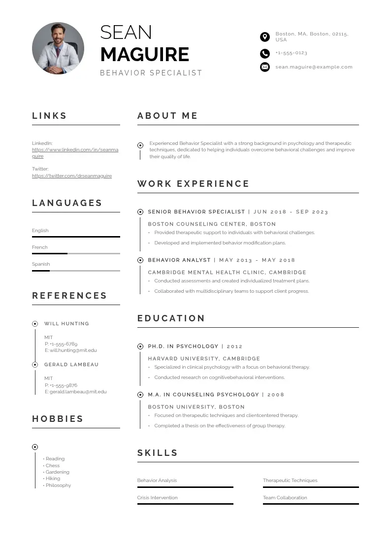 professional Behavior specialist resume resume template