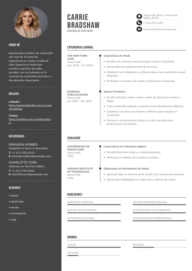 two column cv-creador-de-contenido resume example
