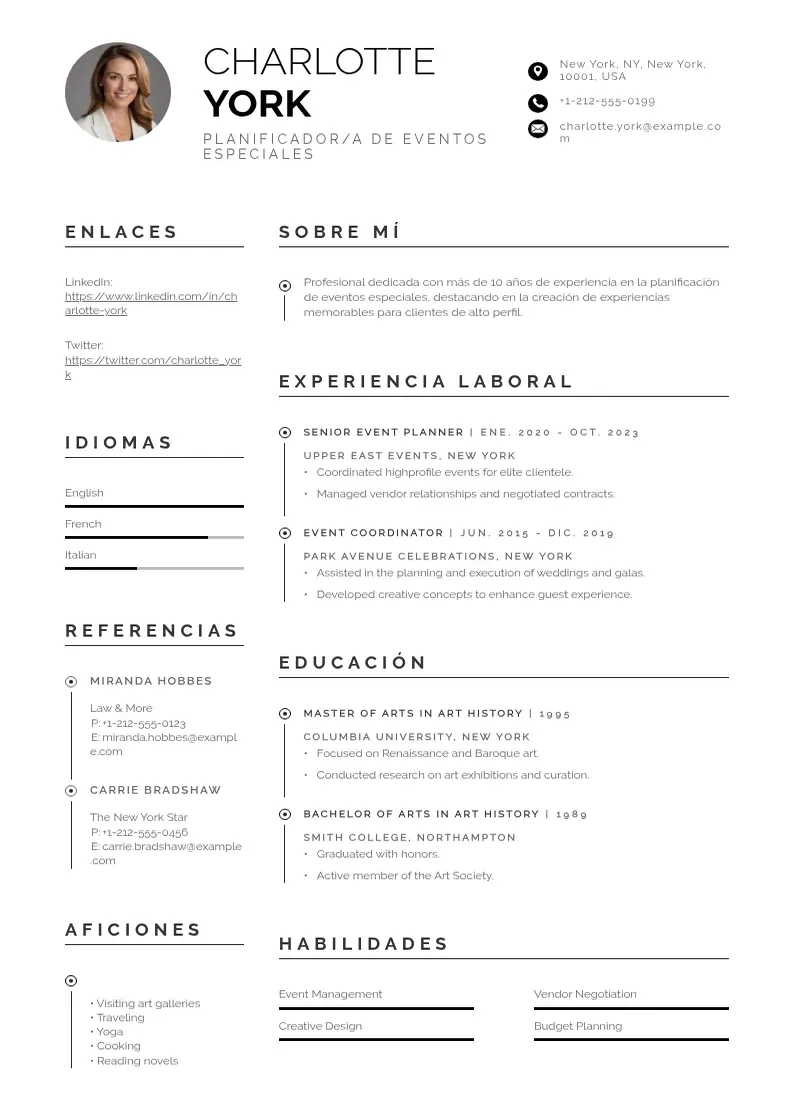 two column planificadora-de-eventos-especiales resume example