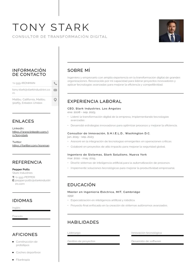 two column cv-de-consultor-de-transformacion-digital resume example