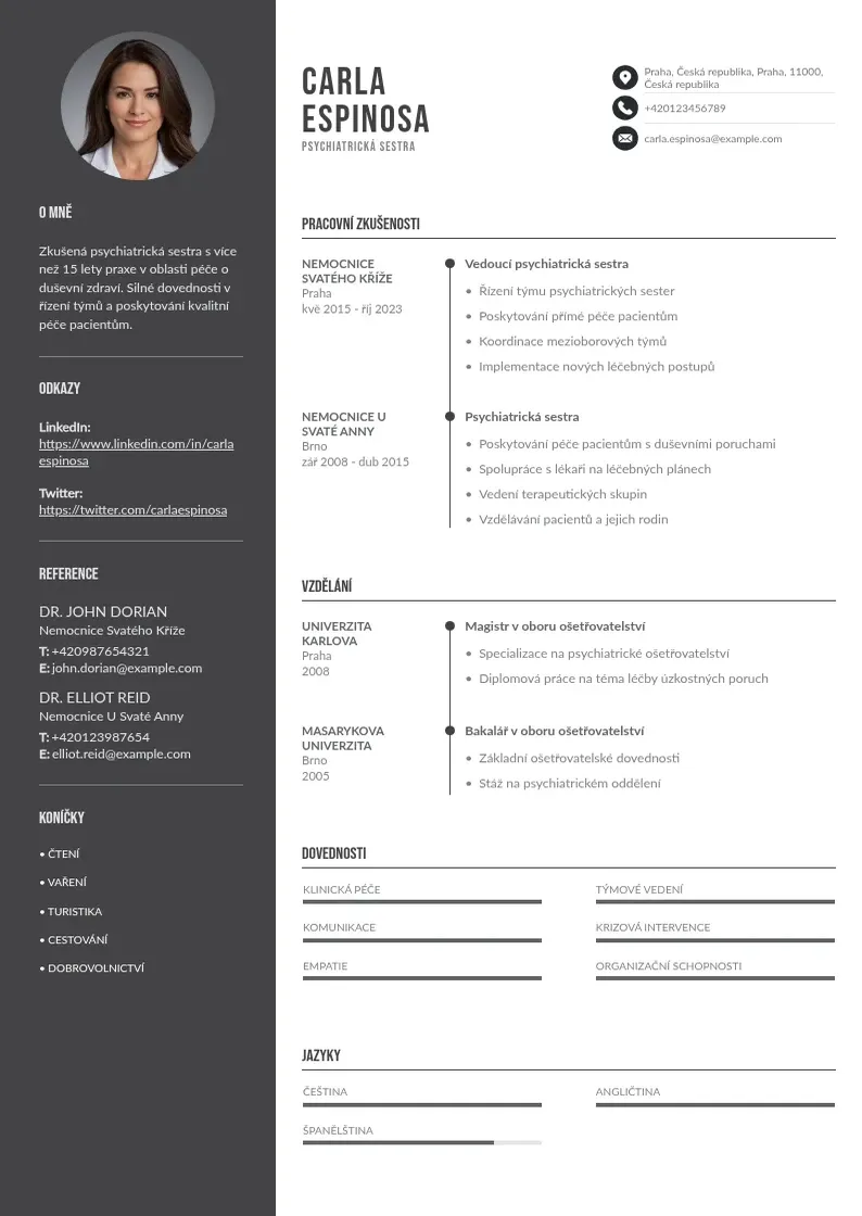 Divu kolonnu Psychiatrická sestra  CV piemērs