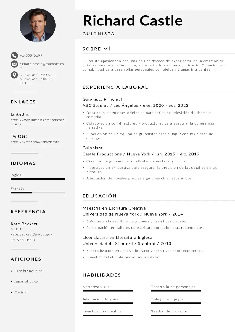 two column cv-guionista resume example