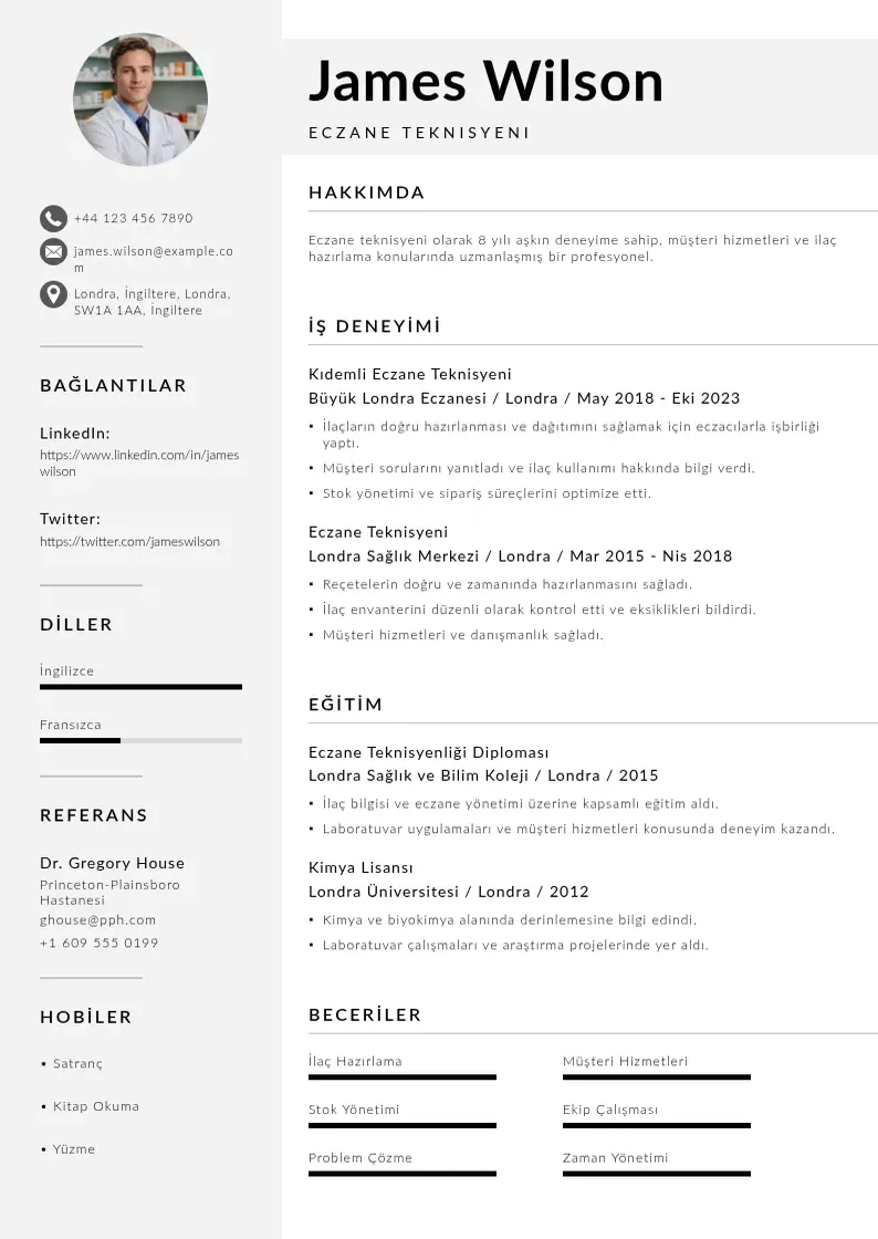 Mūsdienīga Eczane Teknisyeni  CV veidne