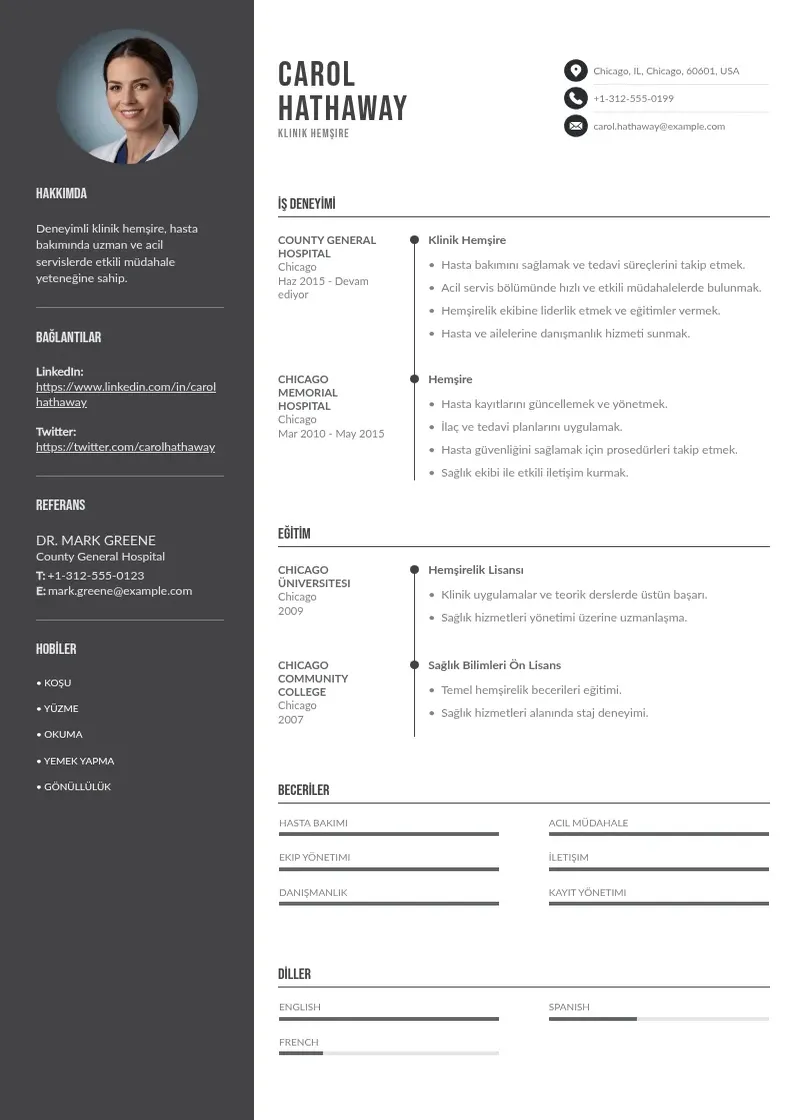 Divu kolonnu Klinik Hemşire  CV piemērs